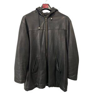 Izzi Leather Hooded Jacket Size Large Full Zip Long Sleeve Genuine Leather Punk